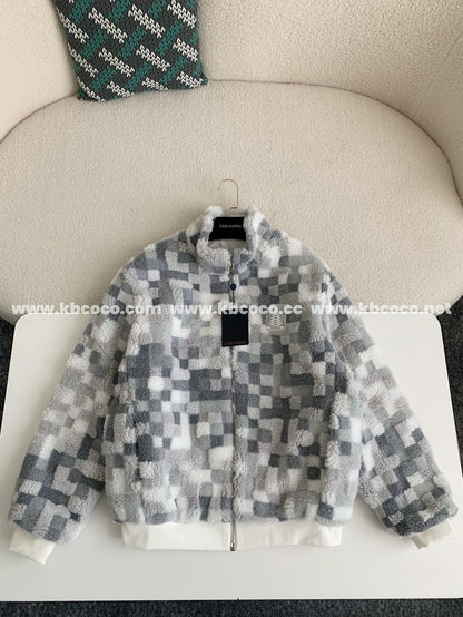 「#3929」Louis Vuitton Ski Series FW24 Checkerboard Color-Block Fleece Jacket